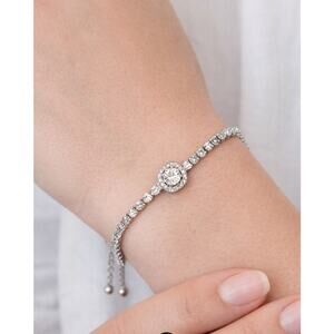 Stainless Steel Silver CZ Pull Tab Bracelet New